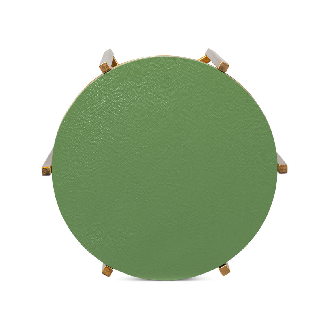 Overhead view, round green top of accent table.