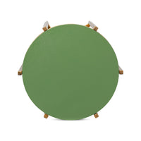 Overhead view, round green top of accent table.