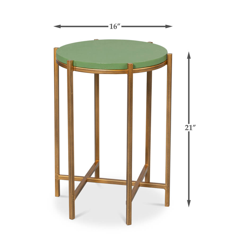 Dimension details, green leather accent table shown.