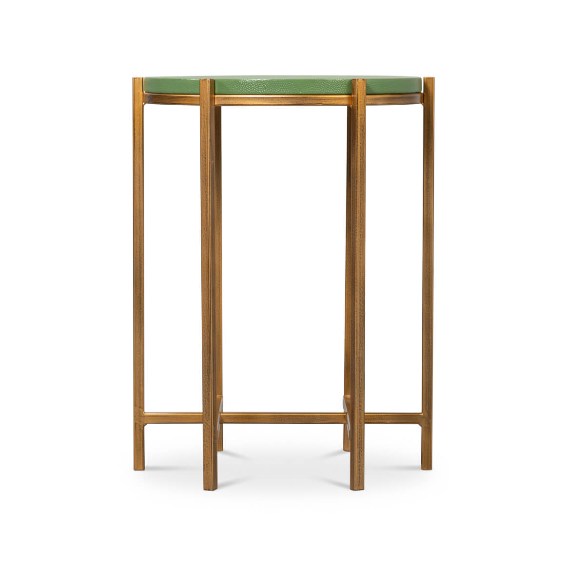 Green leather accent table, front straight view.