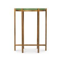 Green leather accent table, front straight view.
