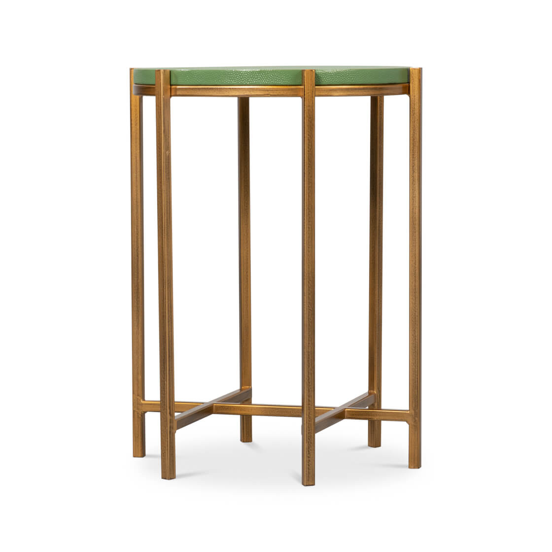 Green accent table, side perspective view.
