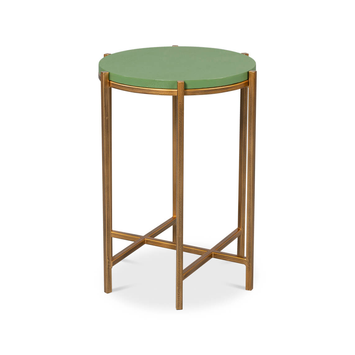 Green leather accent table, side angle view.