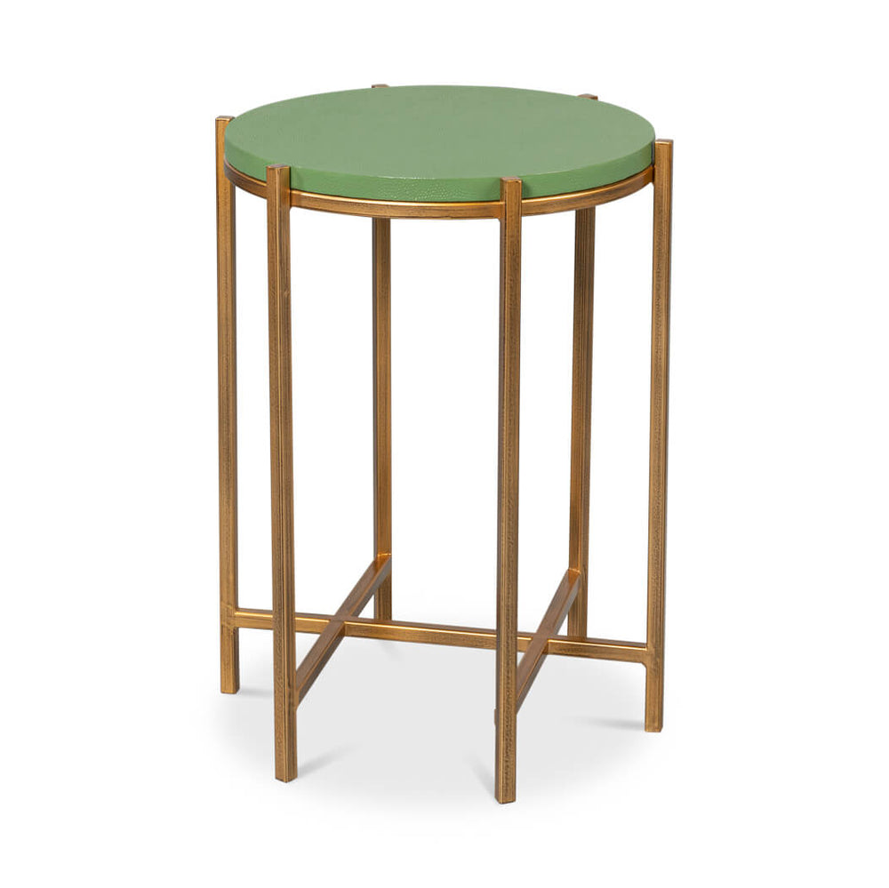 Green leather accent table, angled view.