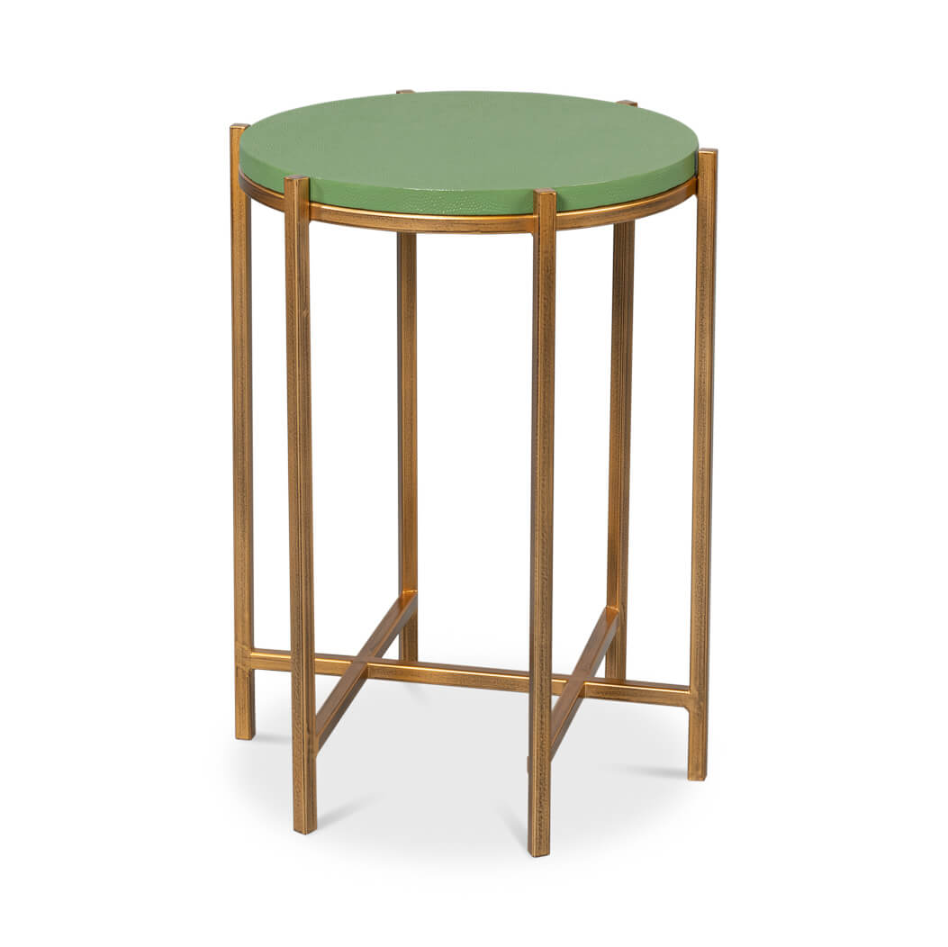 Green leather accent table, angled view.