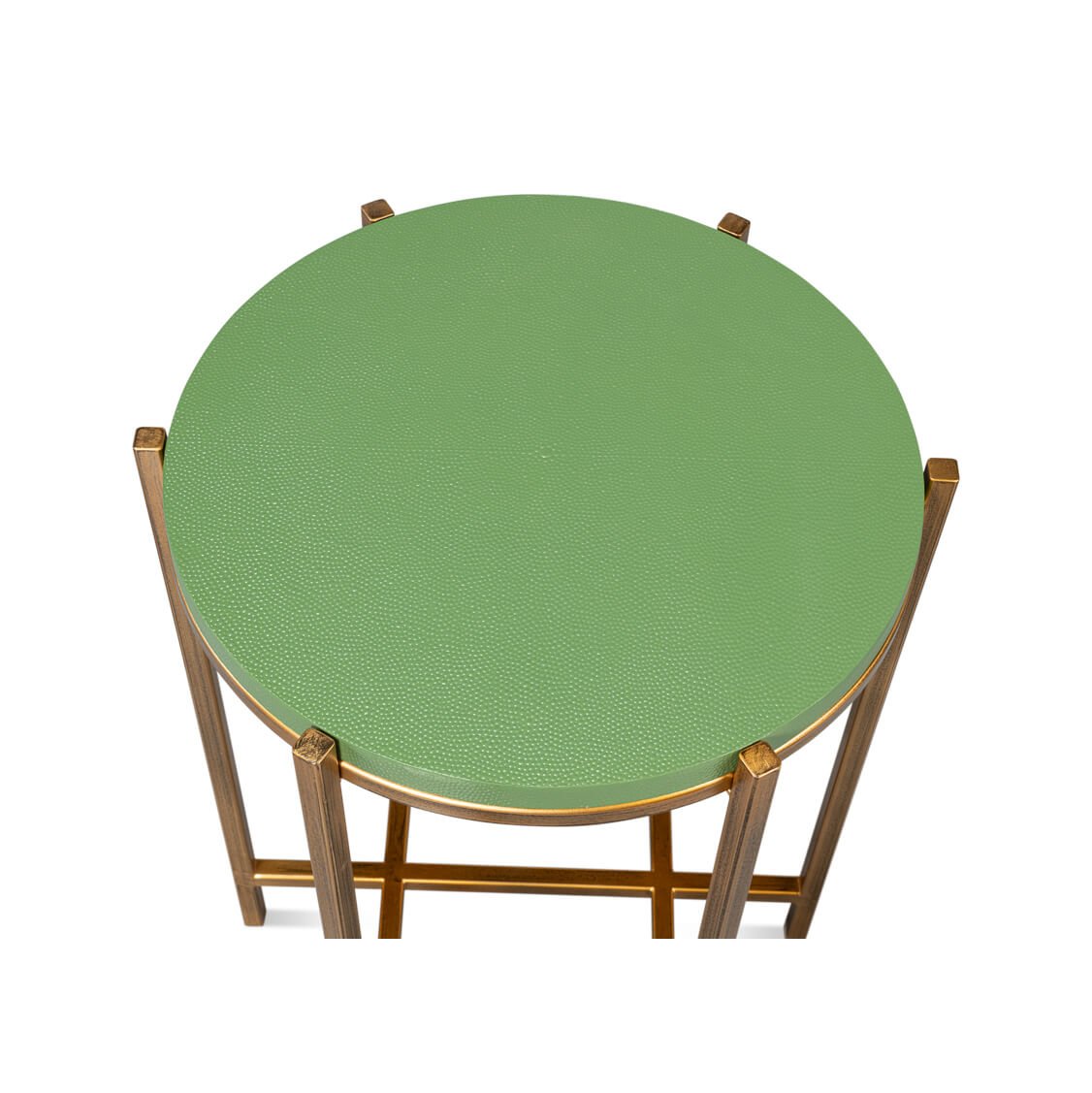 Top view of green leather accent table.