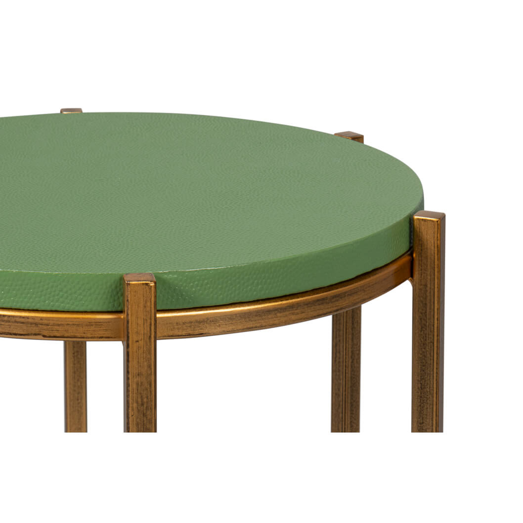 Close-up, green top and legs of accent table.