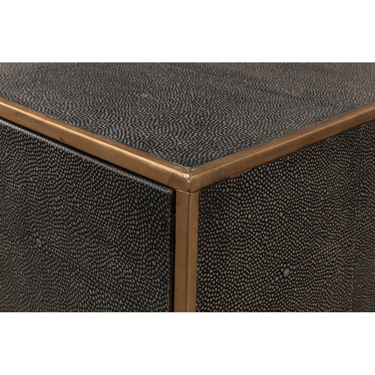 Corner detail of grey leather console table