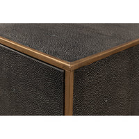 Corner detail of grey leather console table