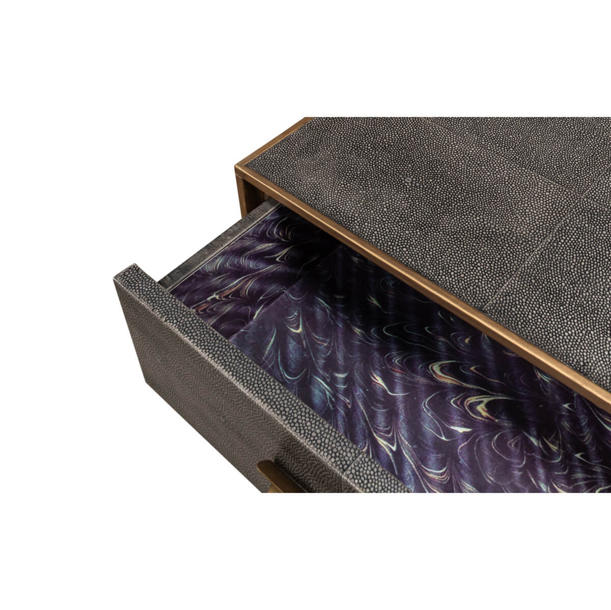 Open drawer with patterned interior, console table