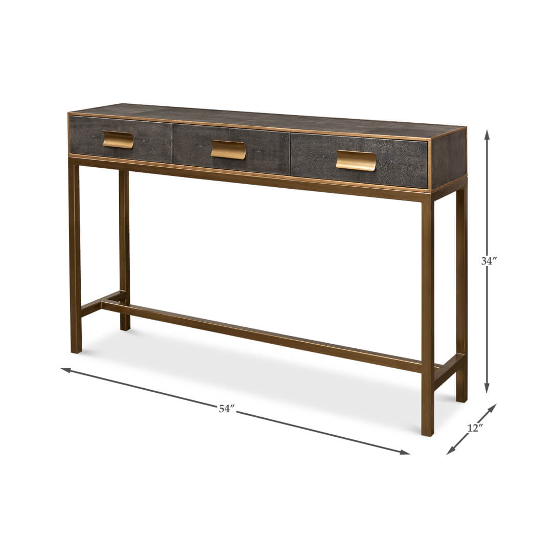 Modern grey console table with dimensions and brass accents