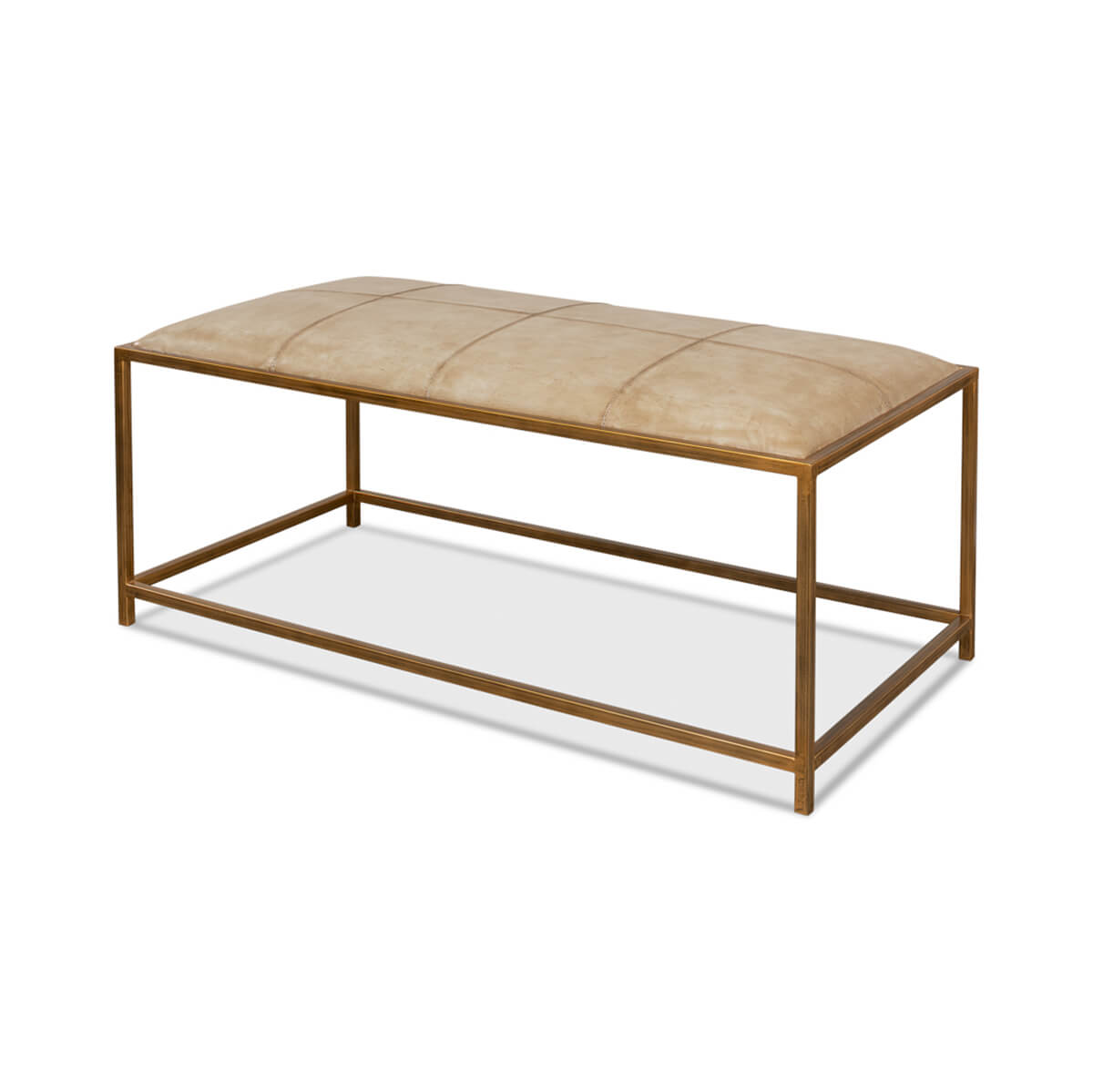 Modern hall bench with beige cushion, side view.
