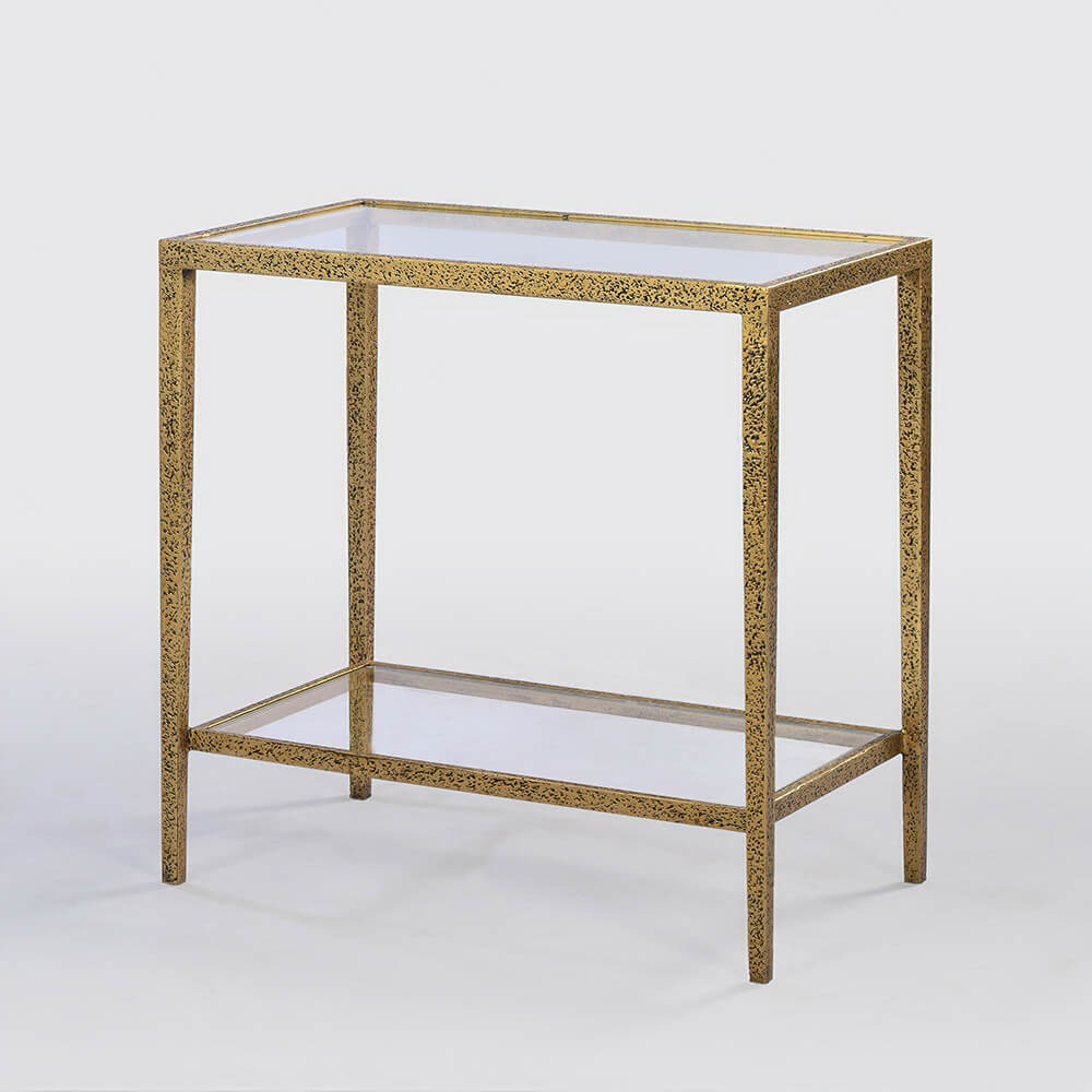 Elegant gold rectangular side table with lower glass shelf.