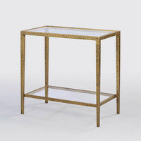 Elegant gold rectangular side table with lower glass shelf.