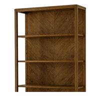 Upper shelves of modern herringbone oak bookcase.