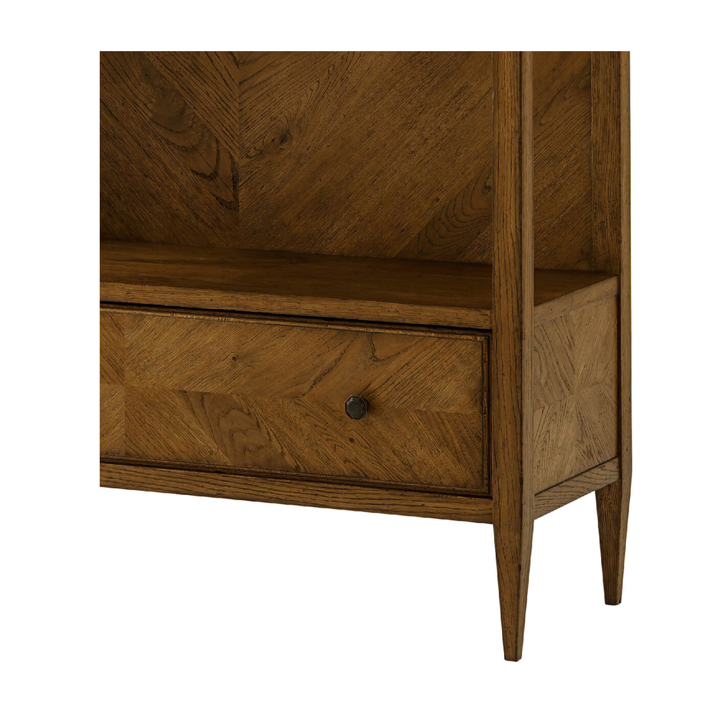 Drawer detail of modern herringbone oak bookcase.