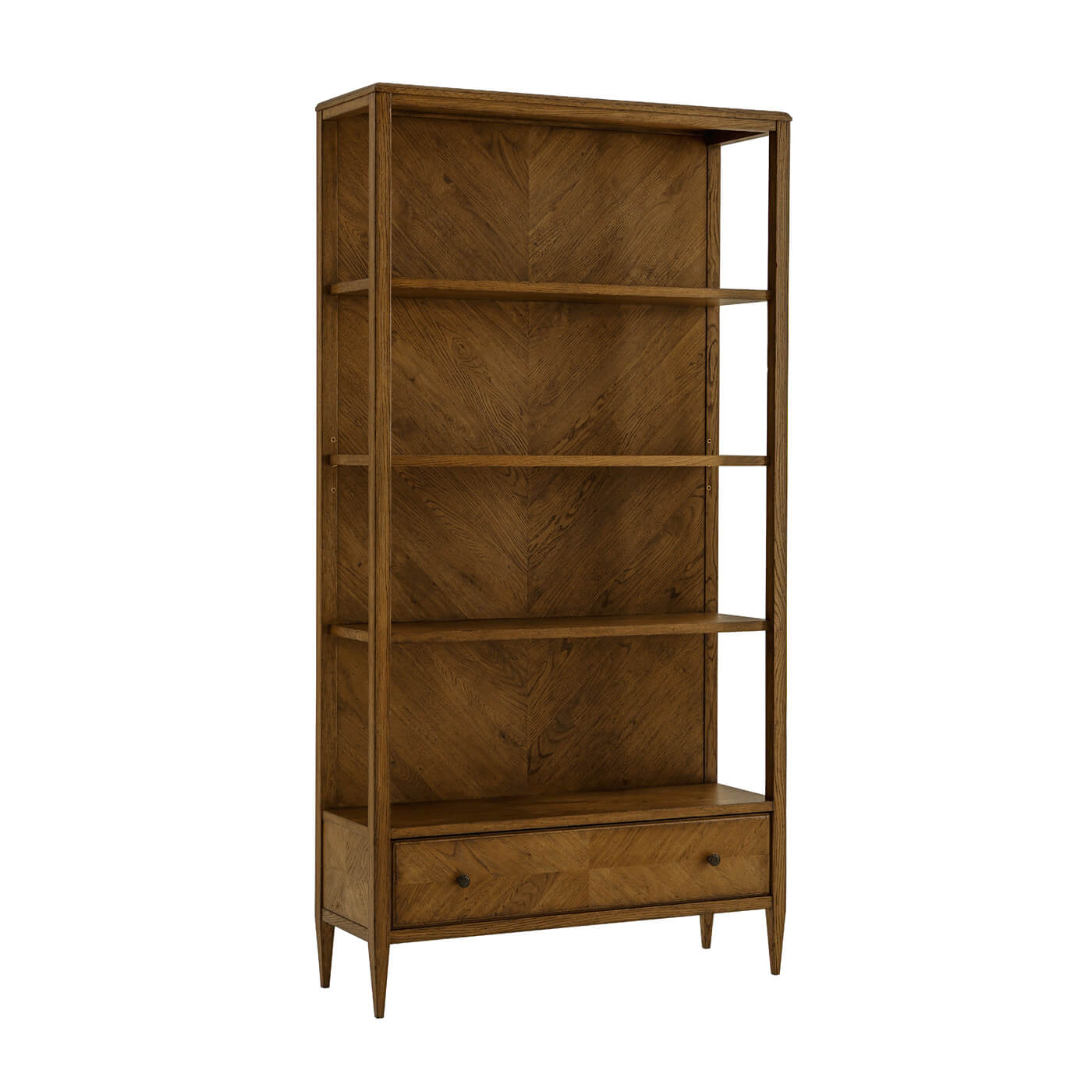 Angled view of modern herringbone oak bookcase.