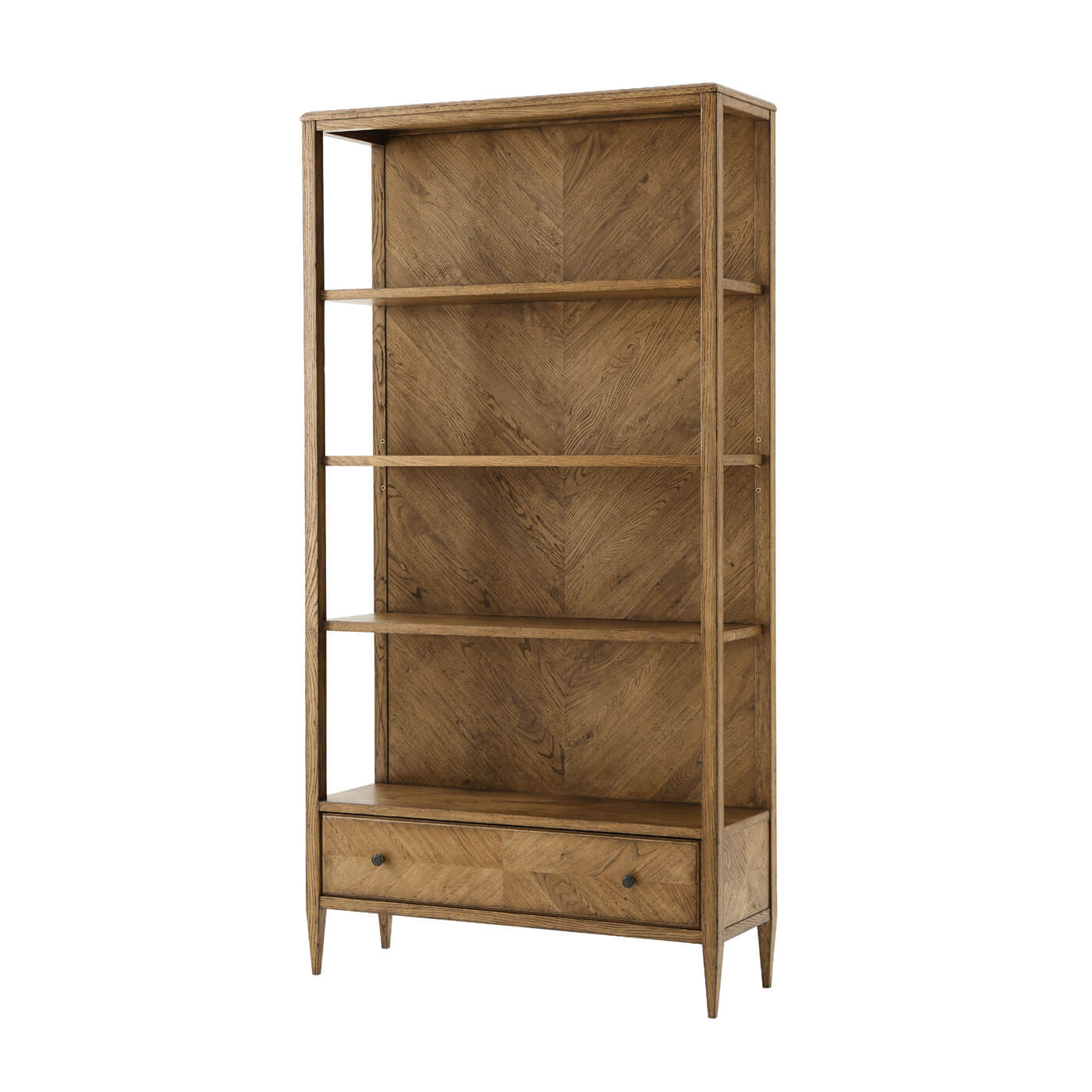 Angled view of modern herringbone oak bookcase.