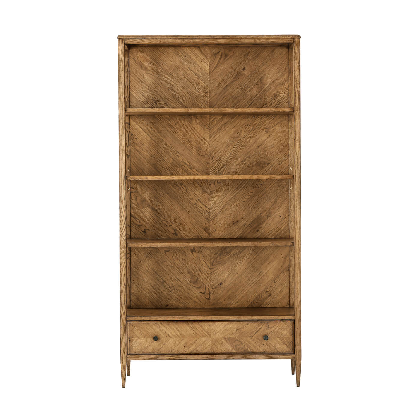 Front view of herringbone oak bookcase with shelves.