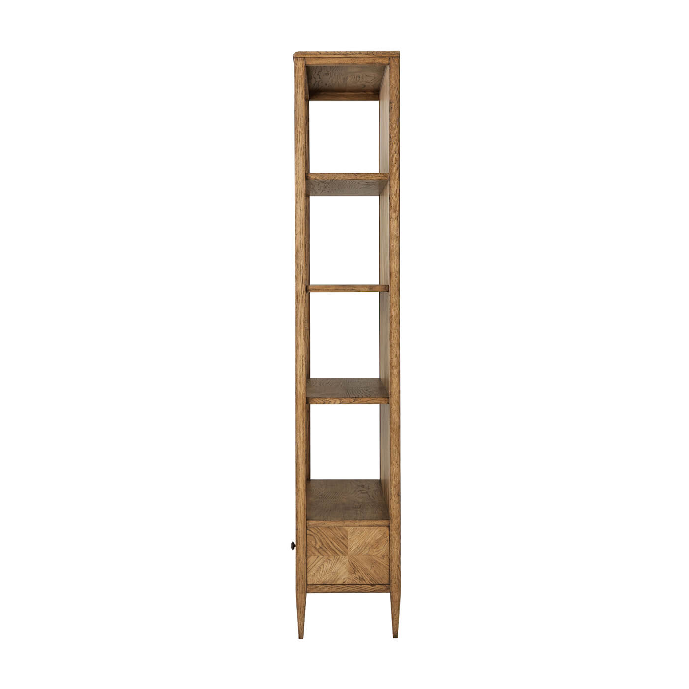 Side view of slim oak bookcase design.