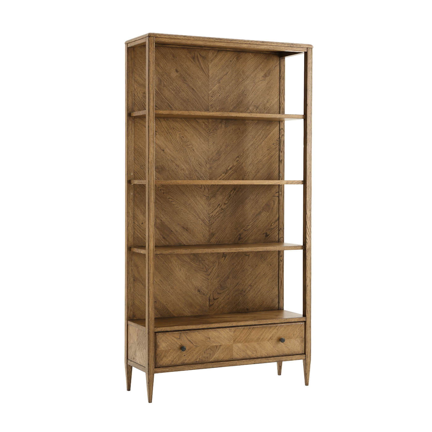 Perspective of modern light oak herringbone bookcase.