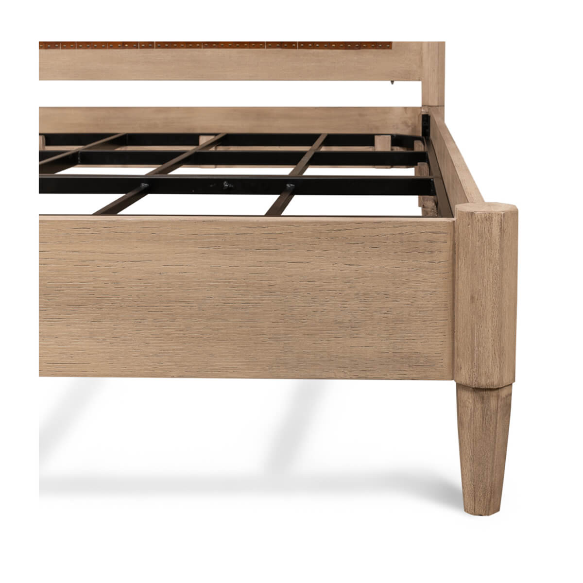 Close-up of modern industrial bed, corner detail.