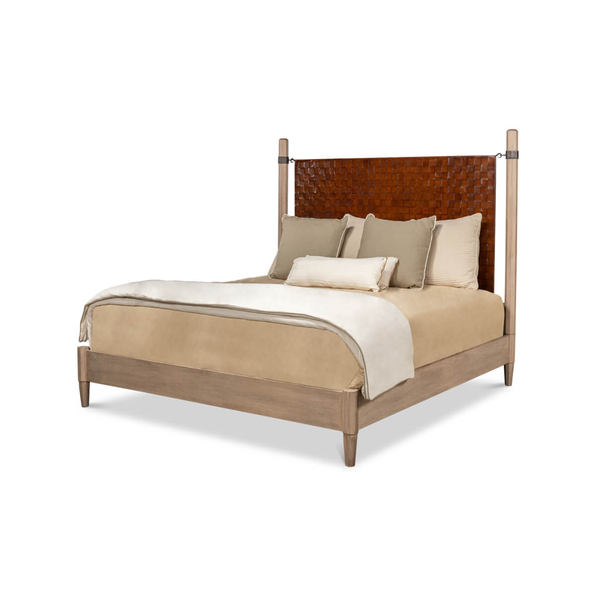 Angled view of modern industrial bed with bedding.