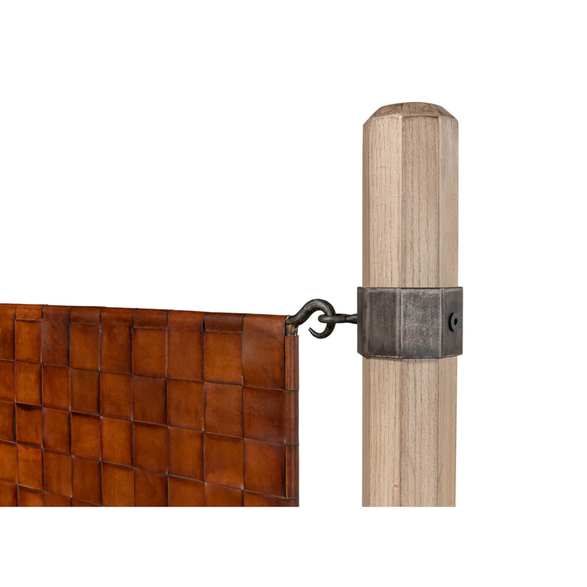 Close-up of modern industrial bed headboard connection.