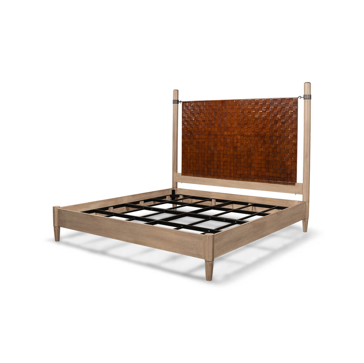 Angled view of modern industrial bed frame without mattress.