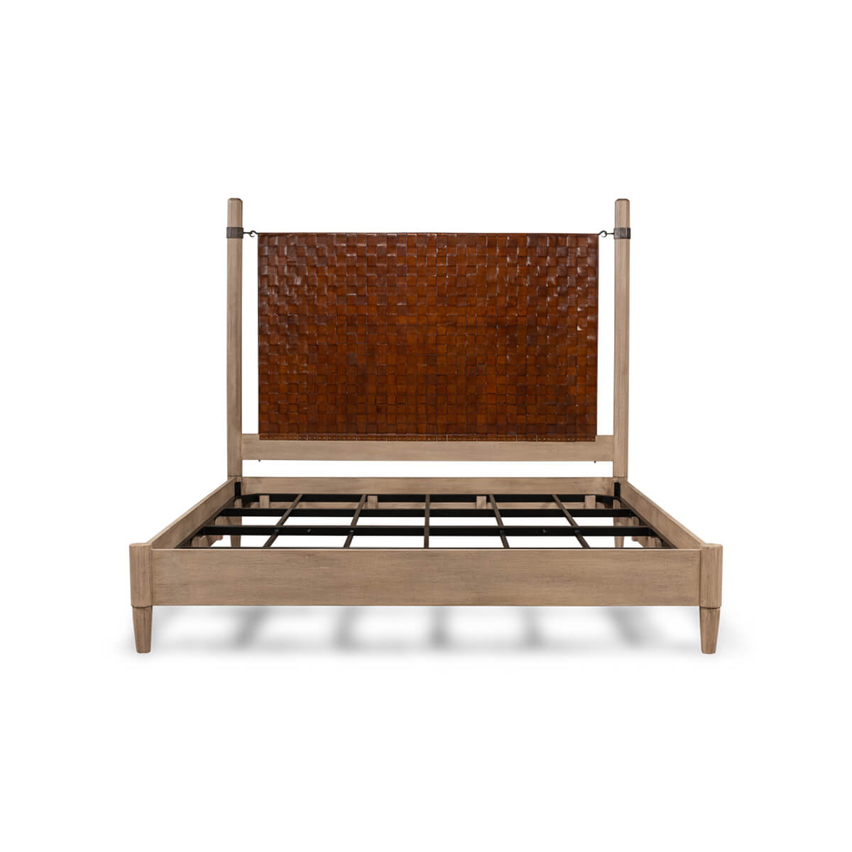 Front view of modern industrial bed frame alone.