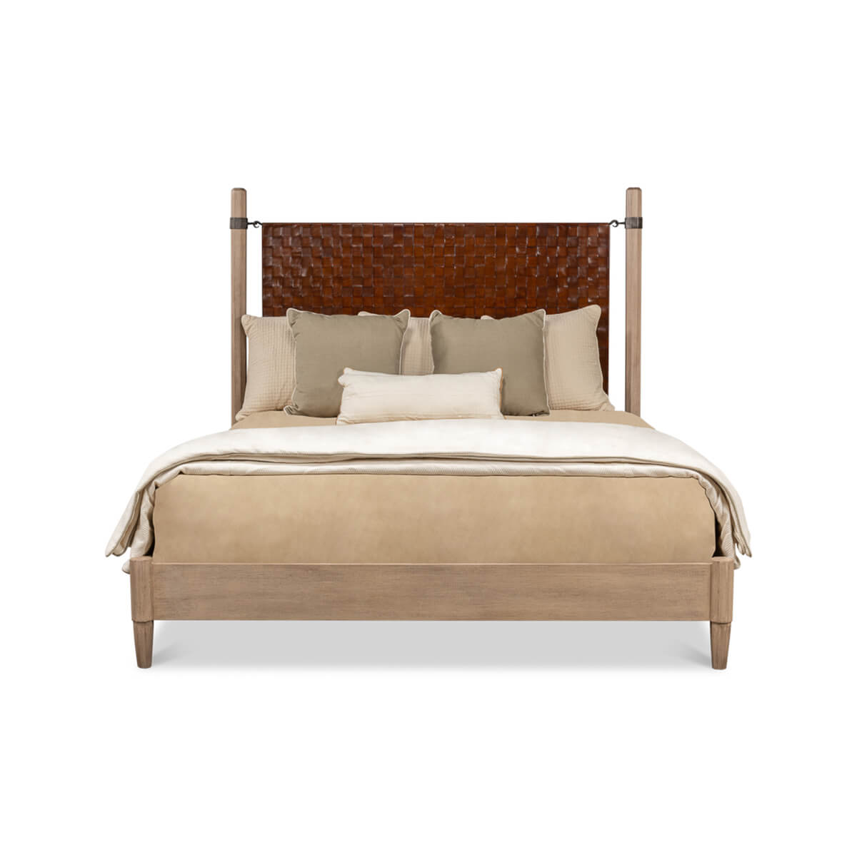 Front view of modern industrial bed with bedding and pillows.