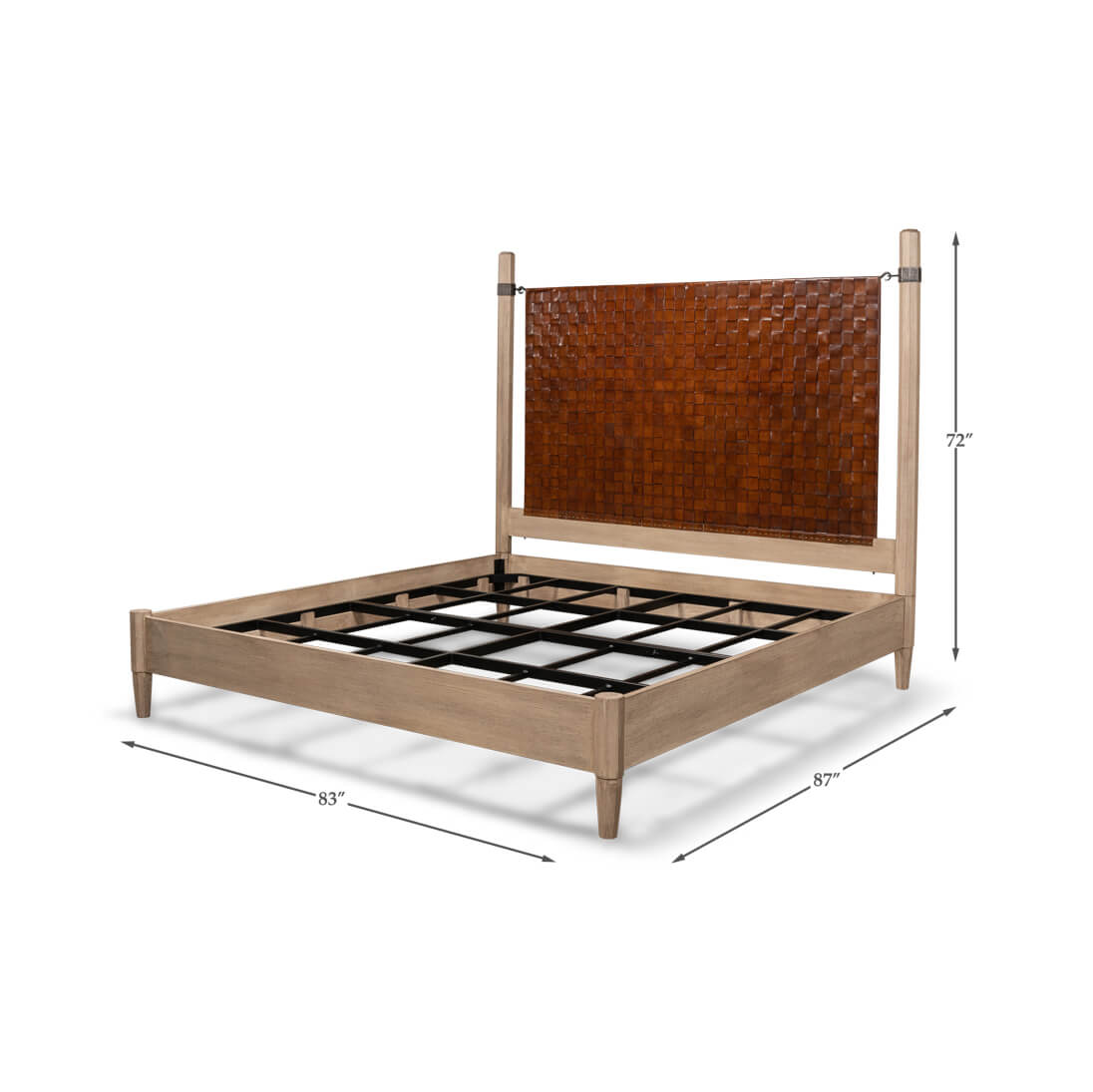Modern industrial bed frame with dimensions labeled.