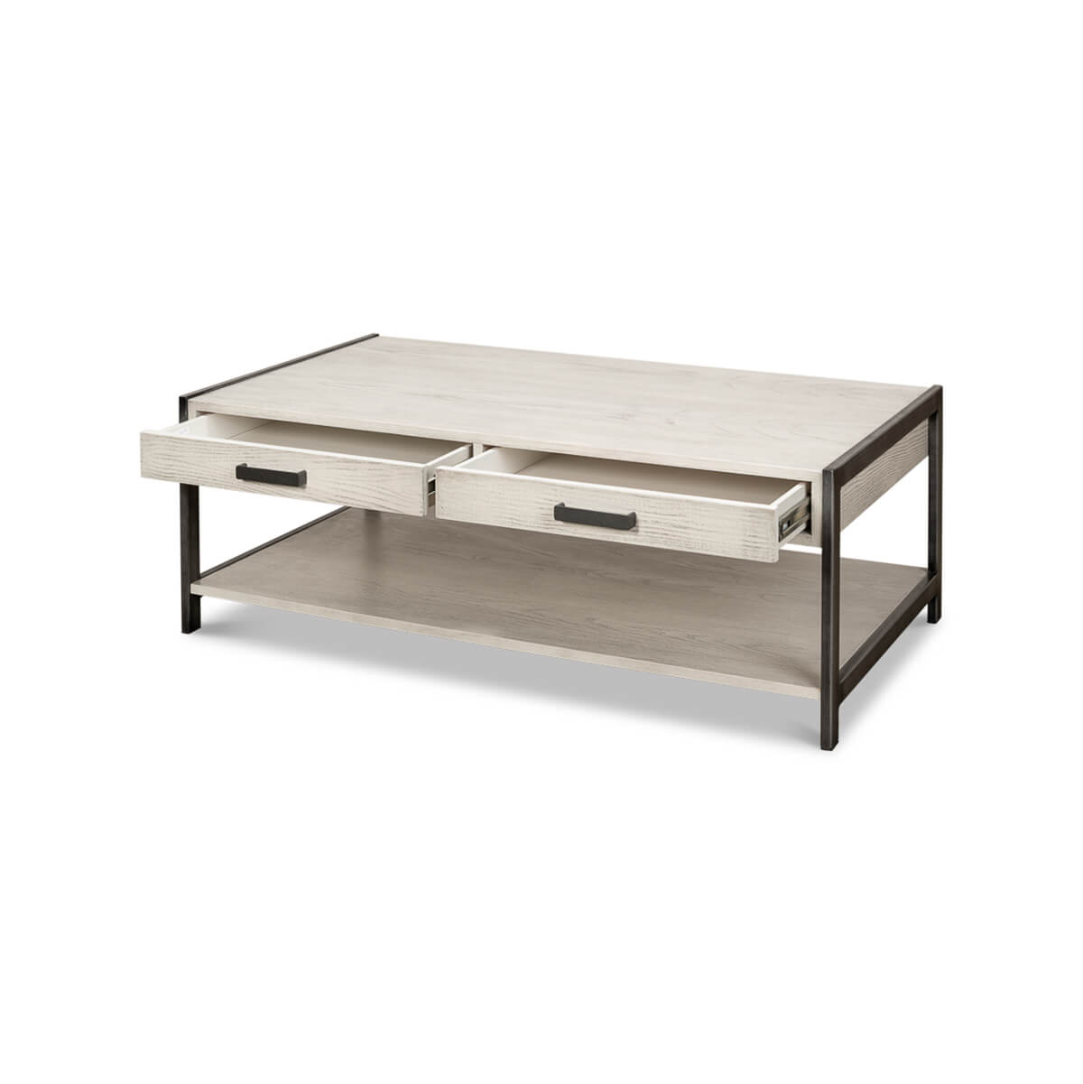 Modern industrial coffee table with open drawers.