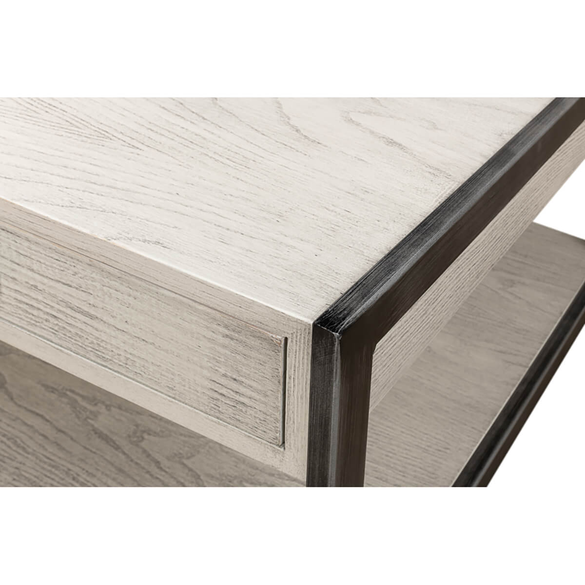 Modern industrial coffee table corner wood detail.