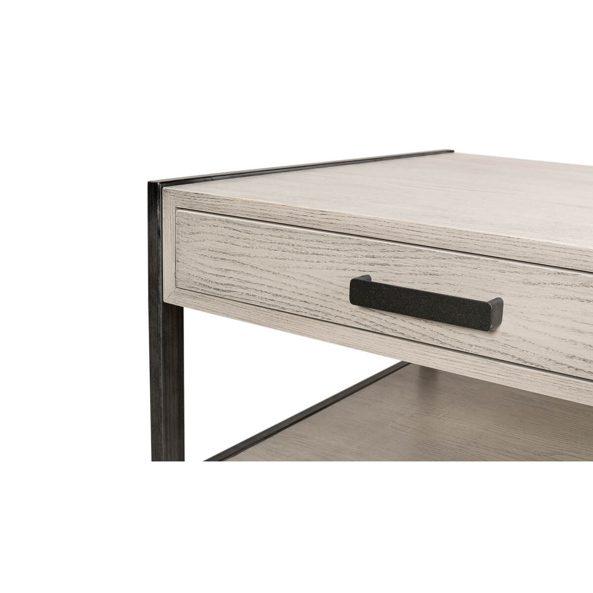 Modern industrial coffee table drawer and handle close-up.