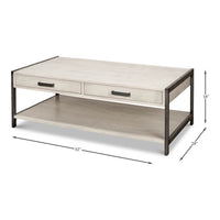 Modern industrial coffee table with dimensions displayed.