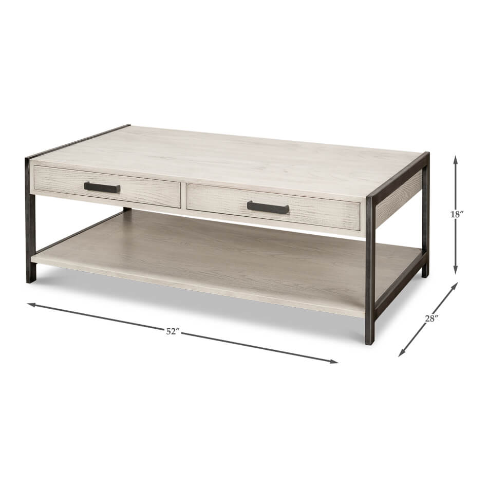 Modern industrial coffee table with dimensions displayed.
