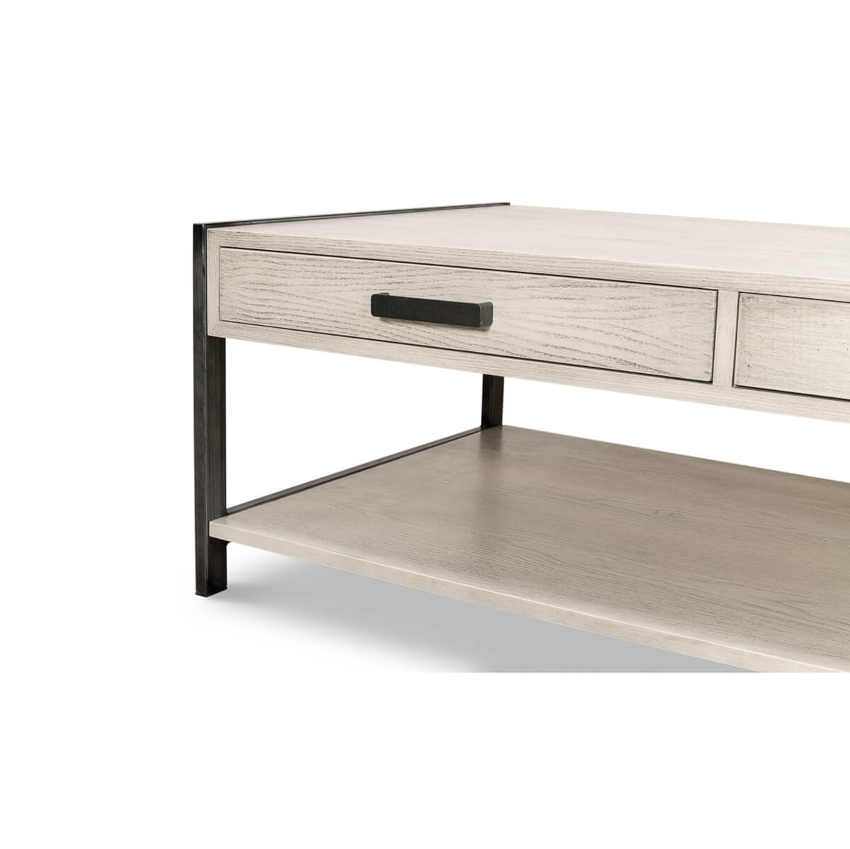 Modern industrial coffee table side detail with drawer.