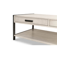 Modern industrial coffee table side detail with drawer.
