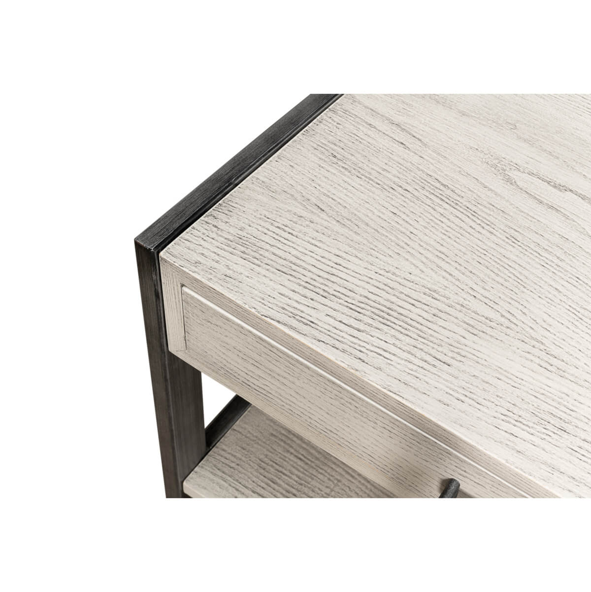 Modern industrial coffee table close-up of wood grain.
