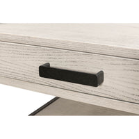 Modern industrial coffee table drawer handle detail.