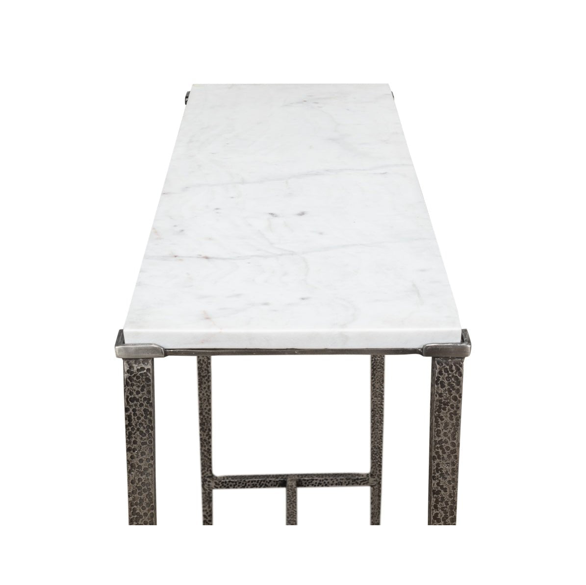 Top view of marble surface on console table.