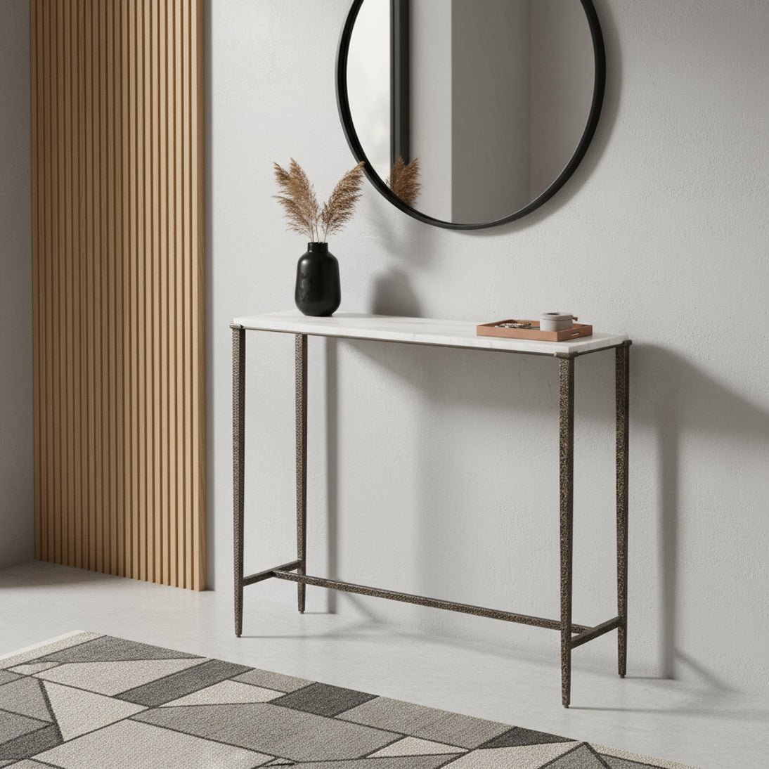 Console table in a styled living room setting.