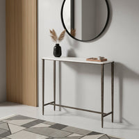 Console table in a styled living room setting.