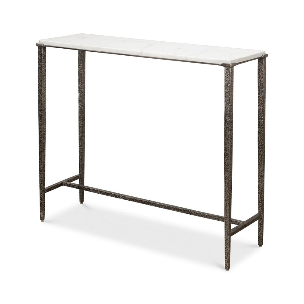Modern industrial console table, angled front view.