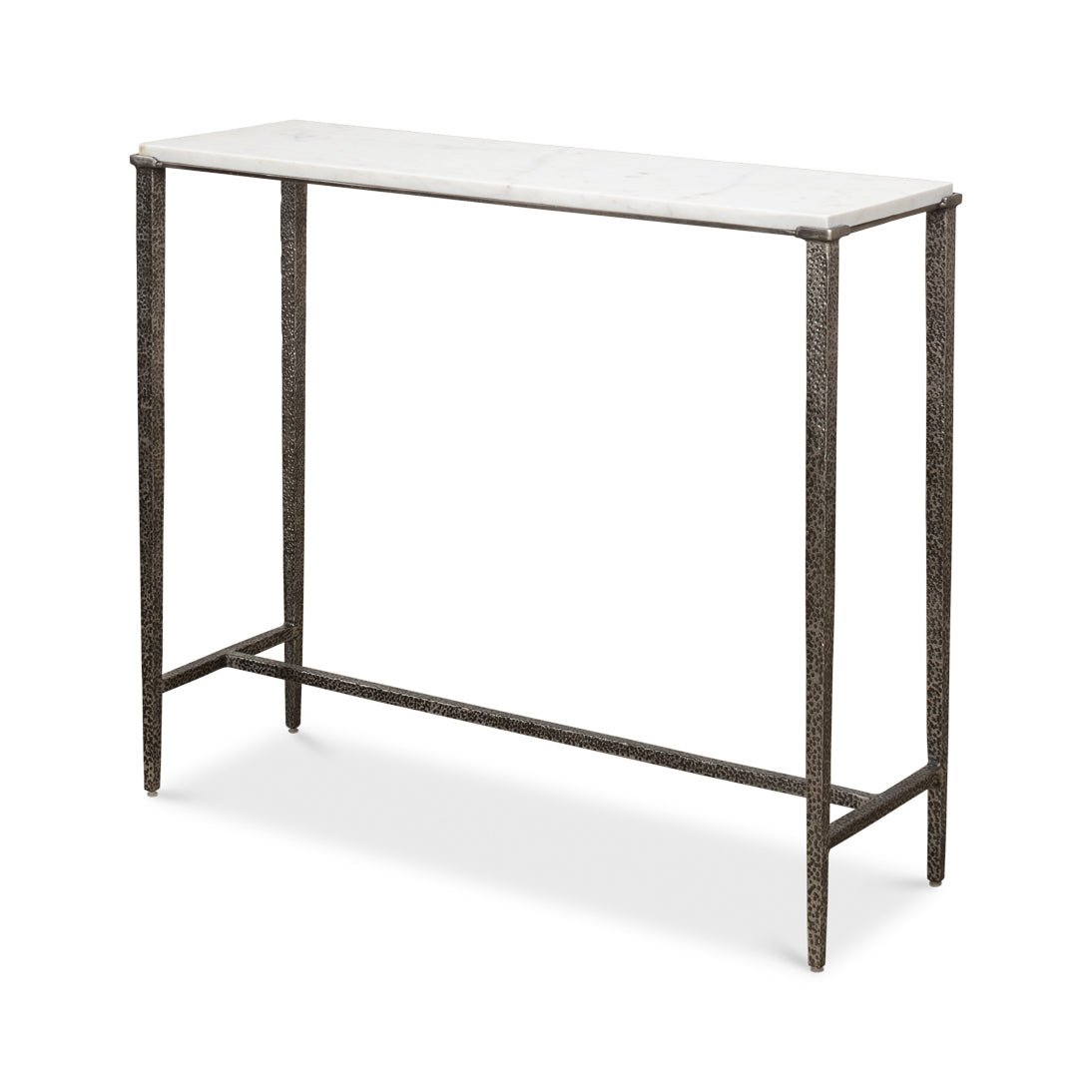 Modern industrial console table, angled front view.