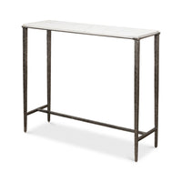 Modern industrial console table, angled front view.