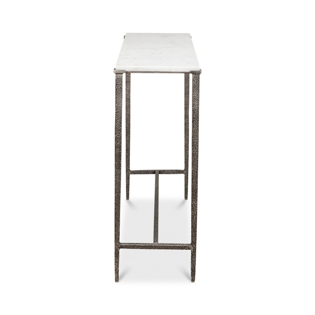 Console table, narrow side profile view.