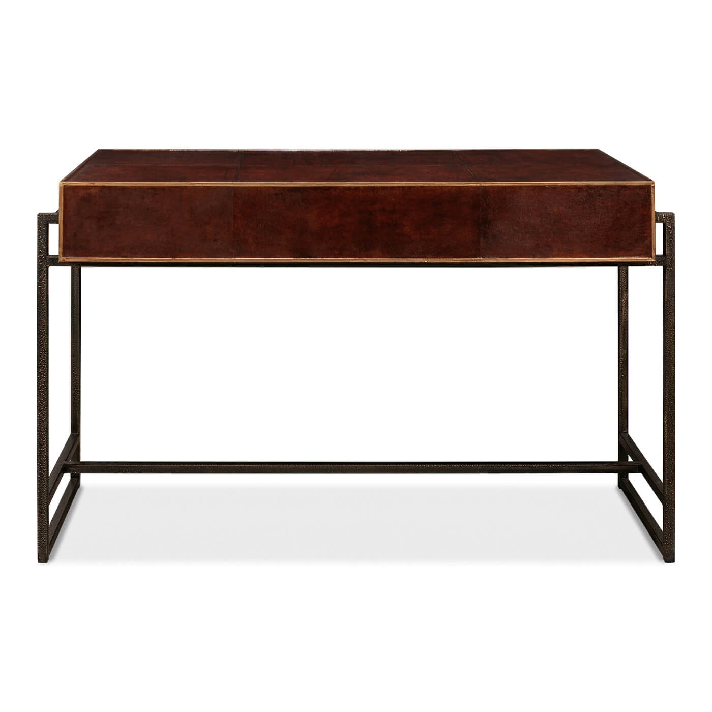Back view of leather desk with metal frame.