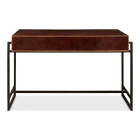 Back view of leather desk with metal frame.